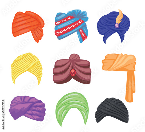 Traditional Indian and Arabic turban set, Indian traditional hats, india culture clothing, sikh headgear fires, oriental cultures headdress, Head covering worn by Muslims, vector illustration photo