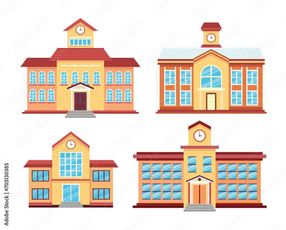 Set of School Building Collection, Children nursery, cartoon style, Cartoon modern school house exterior with cityscape, Elementary children education, study, learning, city architecture.