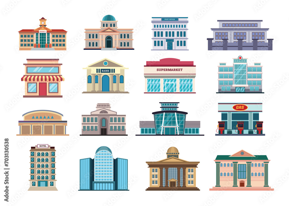 Set of city modern buildings, City landscape with skyscrapers, museum art, university, Post Office,Prison, restaurant, Supermarket, hospital, bank, airport, Gas Station, Government, courthouse, hotel. Set of city modern buildings, City landscape with skyscrapers, museum art, university, Post Office,Prison, restaurant, Supermarket, hospital, bank, airport, Gas Station, Government, courthouse, hotel.