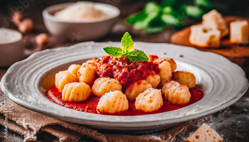 gnocchi with melted mozzarella cheese in tomato sauce, top view