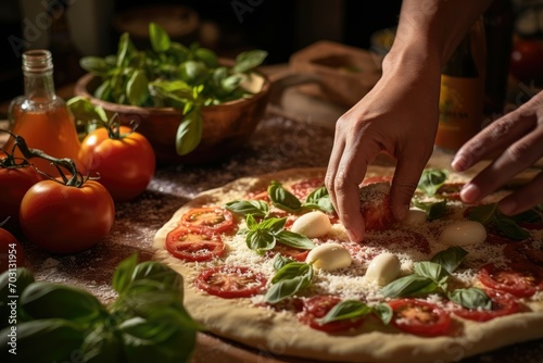 Pizza preparation in dark kitchen with fresh ingredients and dough