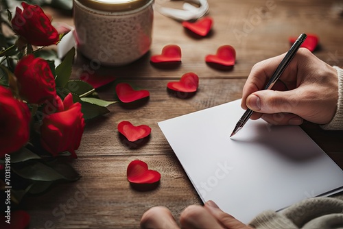 Hand writing love letter with paper hearts and candles, romantic atmosphere photo