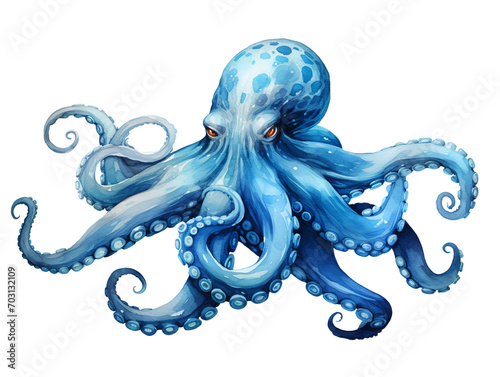 Octopus Watercolor in Blue Tone with Transparency Background photo