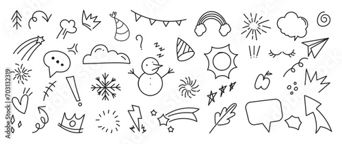 Set of cute pen line doodle element vector. Hand drawn doodle style collection of snowman  rainbow  arrows  stars  sun  thunder  speech bubble. Design for print  cartoon  card  decoration  sticker.