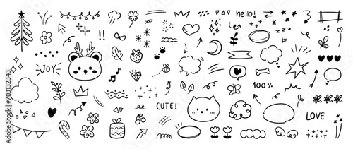 Set of cute pen line doodle element vector. Hand drawn doodle collection of cat, bear, stars, sparkle, words, heart, flower, scribble, arrows. Design for print, cartoon, card, decoration, sticker. photo