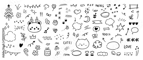 Set of cute pen line doodle element vector. Hand drawn doodle collection of cat, bear, stars, sparkle, words, heart, flower, scribble, arrows. Design for print, cartoon, card, decoration, sticker.