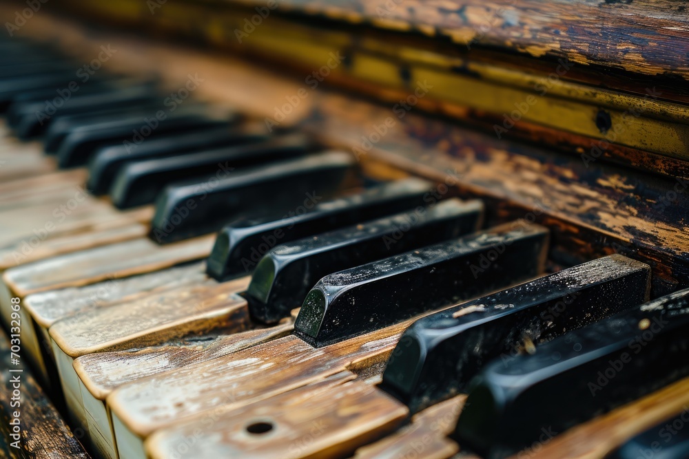 Close up of an old piano keyboard with ivory keys.