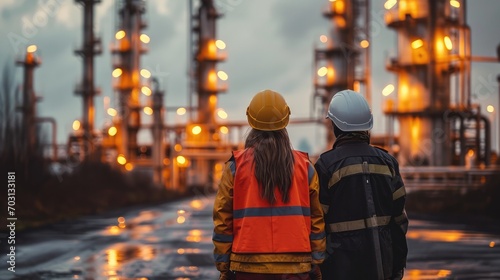 Industry worker one male one female from behind with safety jacket and helmet at refinery plant, Heavy industrial. Generative AI.