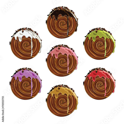 Cromboloni or croissant and bombolone wth mix flavor and topping set vector illustration