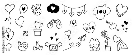 Set of valentine doodle element vector. Hand drawn doodle style collection of heart shaped, rainbow, arrows, flower, cat, bee, snail, love letter. Design for print, cartoon, card, decoration, sticker.