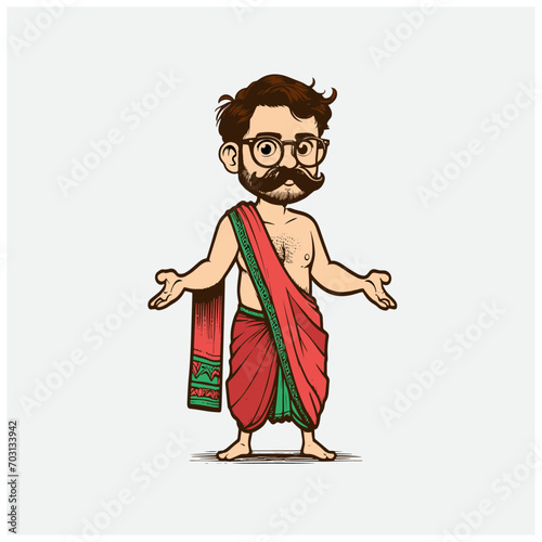 Indian Men Wearing Traditional Lungi or dhoti, Caricatures, Character, Sketch, Line Drawings Vector art Illustration