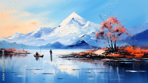 Mountain landscape with a fisherman on the lake. Digital painting.