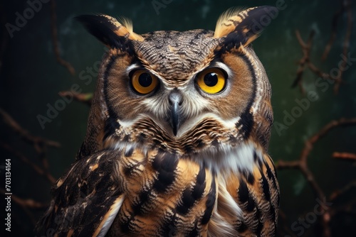 Portrait of an owl with yellow eyes on a dark background, Portrait of a great horned owl, AI Generated photo