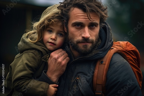 Portrait of a father with his son on the street in autumn, Portrait of a young father carrying his daughter on his back, AI Generated