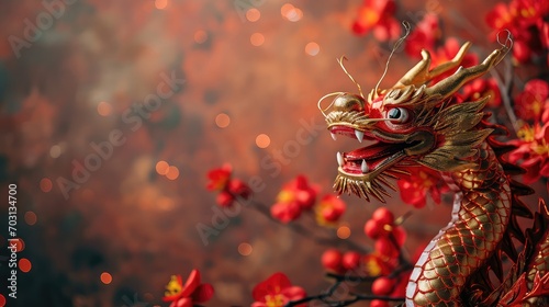 Happy chinese new year, year of the dragon zodiac sign flowers and red background. Copy space