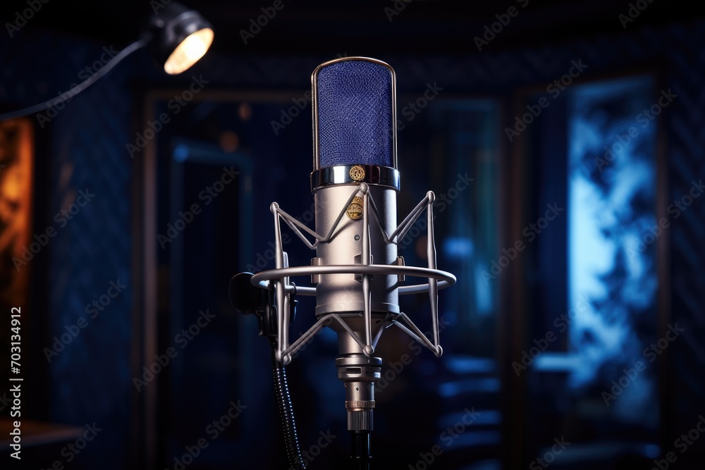 Retro microphone on stand in recording studio. Music concept background, Professional microphone showcased in the recording studio, AI Generated