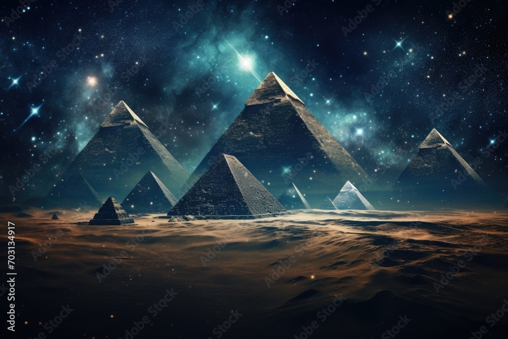 Giza pyramids in the desert. Elements of this image furnished by NASA, Pyramids in the desert at night time with a starry sky and milky way, portrayed in an abstract, AI Generated - obrazy, fototapety, plakaty 