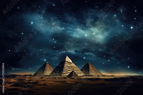 The Great Pyramids of Giza at night. 3D rendering, Pyramids in the desert at night time with a starry sky and milky way, portrayed in an abstract picture style, AI Generated