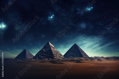 Fantasy landscape with pyramids in space. Elements of this image furnished by NASA, Pyramids in the desert at night time with a starry sky and milky way, portrayed in an abstract pictur, AI Generated