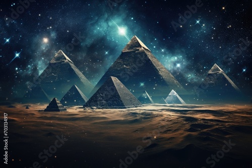 Giza pyramids in the desert. Elements of this image furnished by NASA, Pyramids in the desert at night time with a starry sky and milky way, portrayed in an abstract, AI Generated
