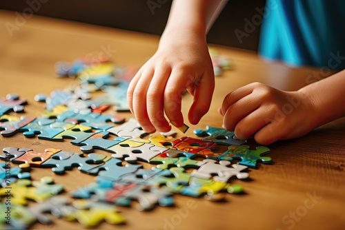 Child solving a colorful puzzle on a wooden table.