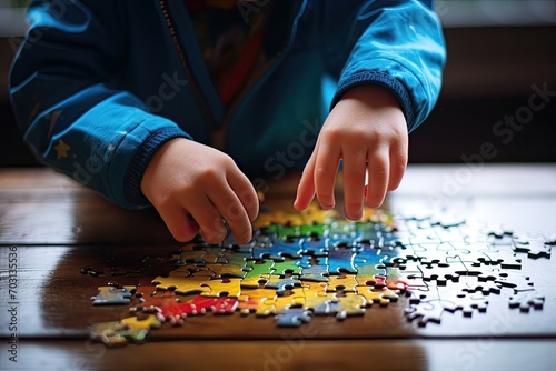 Child's hands piecing together a puzzle indoors.