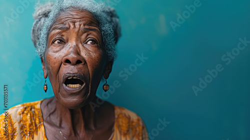 Shocked old black woman standing in front of a solid blue background. Generative AI.