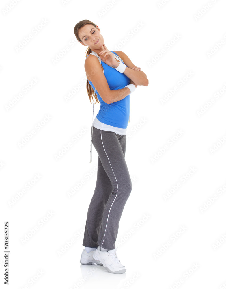Young woman, thinking and fitness in sports fashion for workout on a white studio background. Female person or model in wonder or thought for exercise, training or health and wellness on mockup space Young woman, thinking and fitness in sports fashion for workout on a white studio background. Female person or model in wonder or thought for exercise, training or health and wellness on mockup space