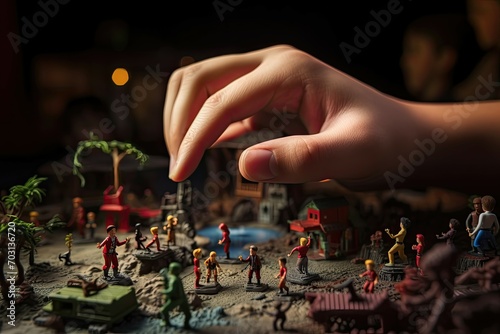 Hand playing with miniature figures in a detailed diorama. photo