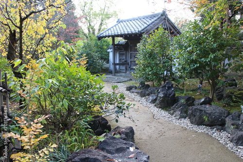 Autumn leaves and wooden gate of the Garden of Flowers in Koko-en Garden, Himeji, Japan photo