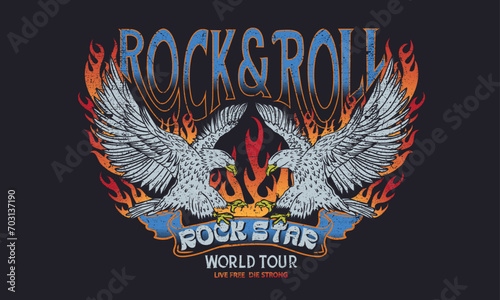 Eagle music poster design. Rock and roll vintage print design. Bird and fire vector artwork for apparel, stickers, posters, background and others. Rock world tour artwork. Rock star vintage artwork.