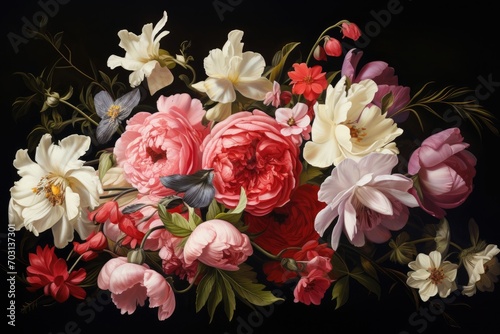 Bouquet of spring flowers on a black background. Vintage style, Realistic-style painting of a bouquet of flowers, AI Generated