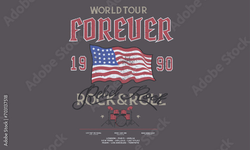 Music forever artwork. America flag vintage design. World music poster design. Rock and roll vintage print design. Music drum vector artwork for apparel, stickers, posters, background and other.