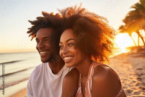 Happy african american couple in swimsuits on beach at sunset, A black couple enjoying travel and beach fun, laughing during a sunset nature adventure and summer vacation, AI Generated