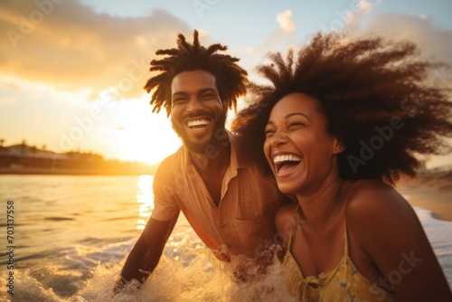 Happy african american man and woman having fun on beach at sunset, A black couple enjoying travel and beach fun, laughing during a sunset nature adventure and summer vacation, AI Generated