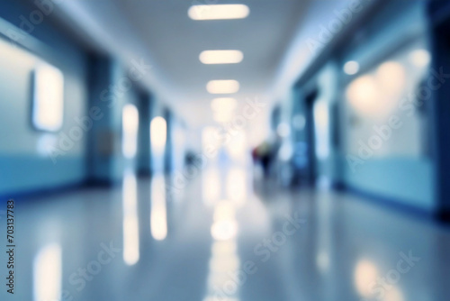 blurred of background. interior of a modern hospital with an empty long corridor, there are treatment rooms and waiting room for patients and families between the corridor with bright white lights.