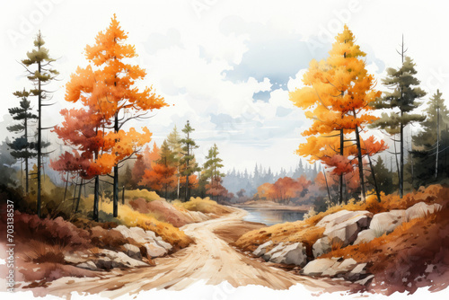 Colorful watercolor painting of fall season. Sunny natural background with bright autumn foliage of rowan, pine and multi-storey buildings.