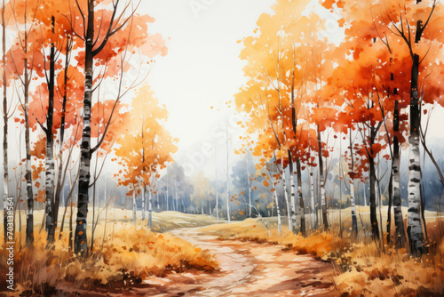 Colorful watercolor painting of fall season. Sunny natural background with bright autumn foliage of rowan, pine and multi-storey buildings.