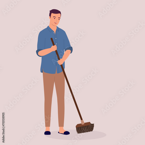 One Smiling Man Sweeping Floor With A Broom. Full Length.