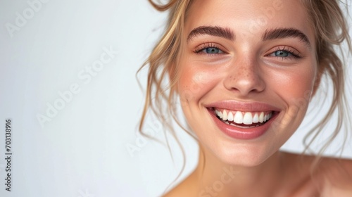 Full-size portrait of a blonde woman showcasing her clean smile on a white background.