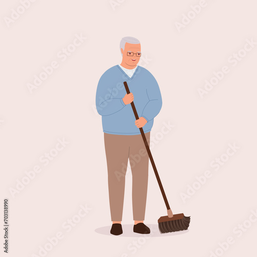 One Smiling Senior Man Sweeping Floor With A Broom. Full Length.