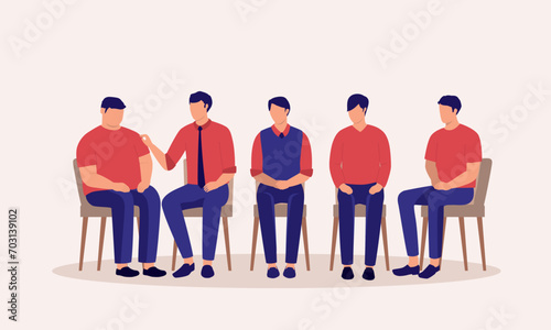 Group Of Young Adult Men Sitting On A Chair Listening To The Sad Overweight Man Sharing His Story. Full Length. Flat Design.