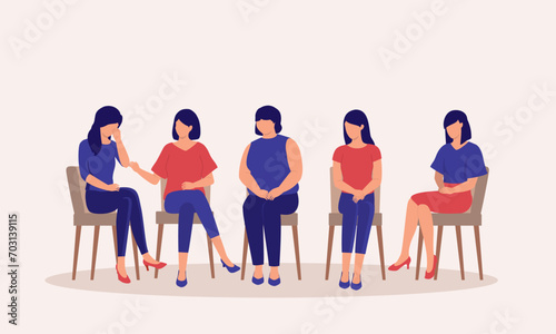 Group Of Young Adult Women Sitting On A Chair Listening To The Sad Woman Sharing Her Story. Full Length. Flat Design.
