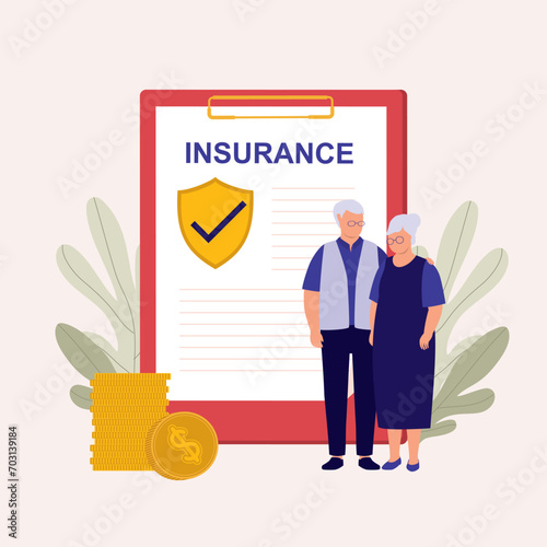 Concept Of Elderly Care Insurance Plan. Full Length. Flat Design.