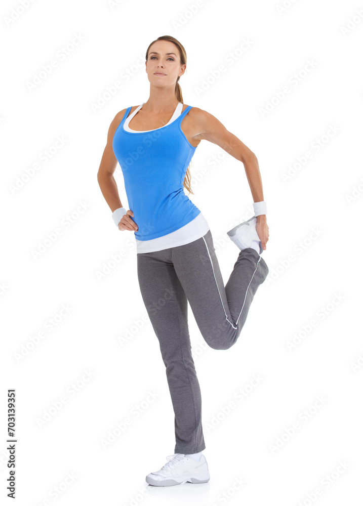 Fitness, portrait and woman stretching in studio for leg exercise, training or workout. Sports, health and young female person with muscle warm up for wellness activity isolated by white background. Fitness, portrait and woman stretching in studio for leg exercise, training or workout. Sports, health and young female person with muscle warm up for wellness activity isolated by white background.