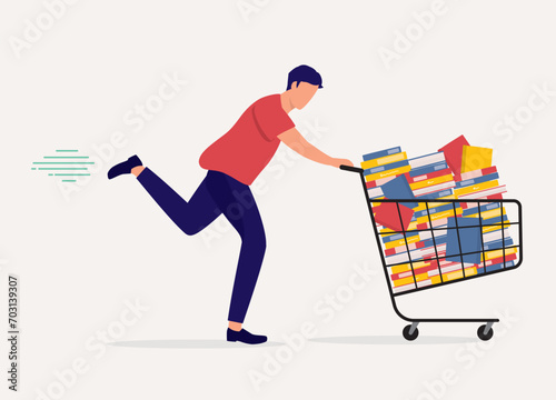 One Young Man Running Fast While Pushing Shopping Cart Loaded With Books. Full Length. Flat Design Style, Character, Cartoon.