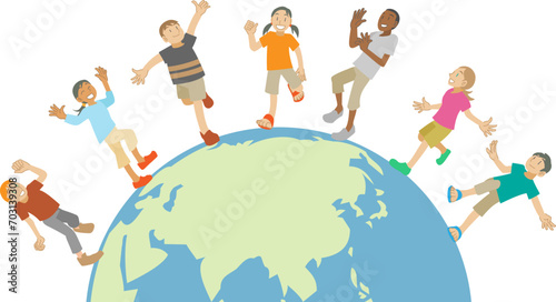 地球の上で踊る多民族の子供達