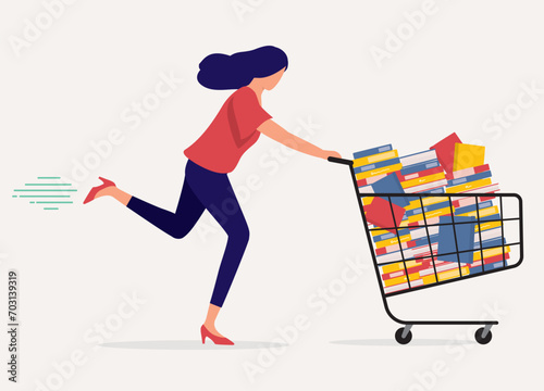 One Young Woman Running Fast While Pushing Shopping Cart Loaded With Books. Full Length. Flat Design Style, Character, Cartoon.