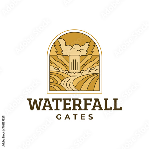 illustration of line art waterfall landscape