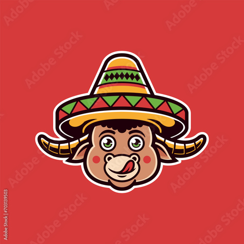 cute cartoon cow head wearing sombrero hat illustration